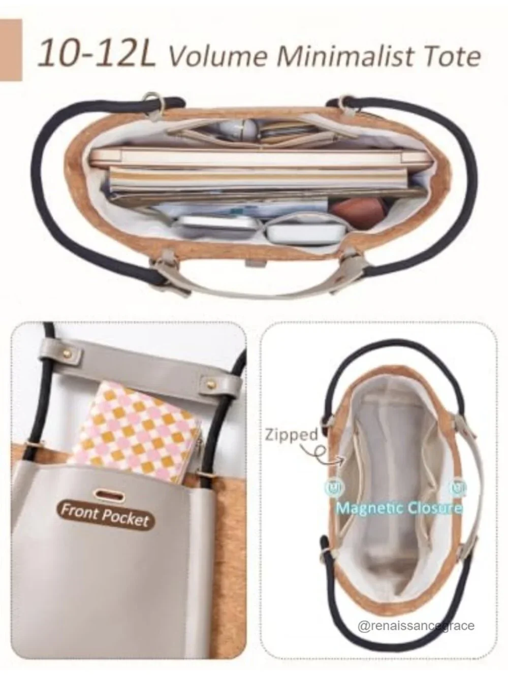 Cork Leather Work Travel Tote Bag Women Top Handle Handbag Purse Vegan